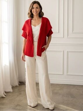 St. John Ribbed Knit Wool Blend Open Front Cardigan Sweater, Cherry Red, Size S
